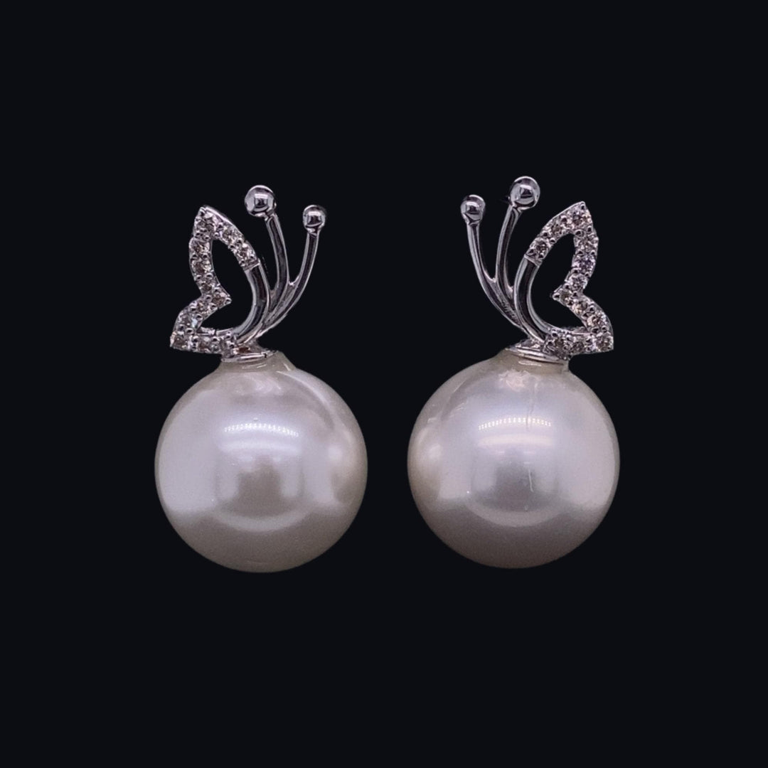 Butterfly Pearl Stud Earrings, Natural Diamonds, Gemstone Earrings, 14k Solid Gold, Gift For Her