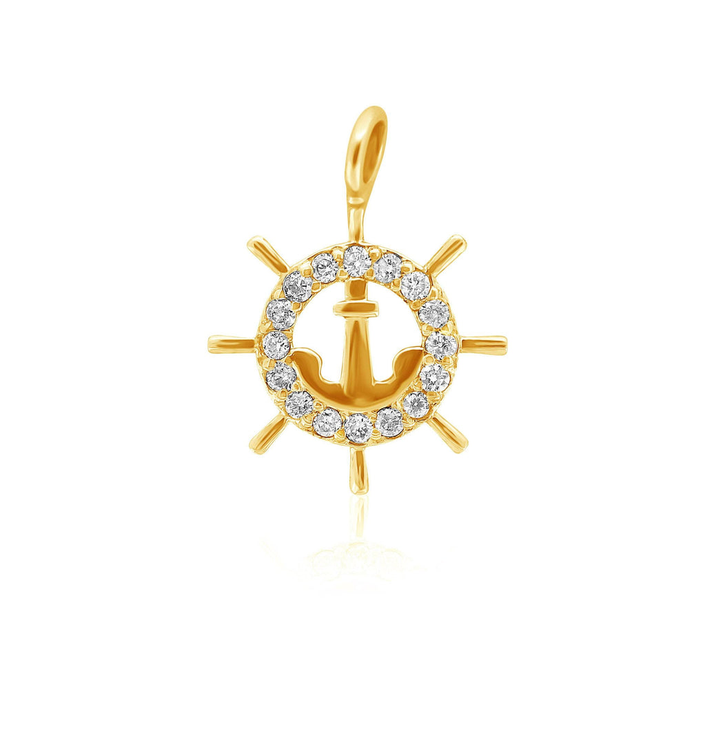 Anchor and Wheel Pendant Charm, 14k Solid Gold, Natural Diamonds, , Everyday Necklace Gift For Her