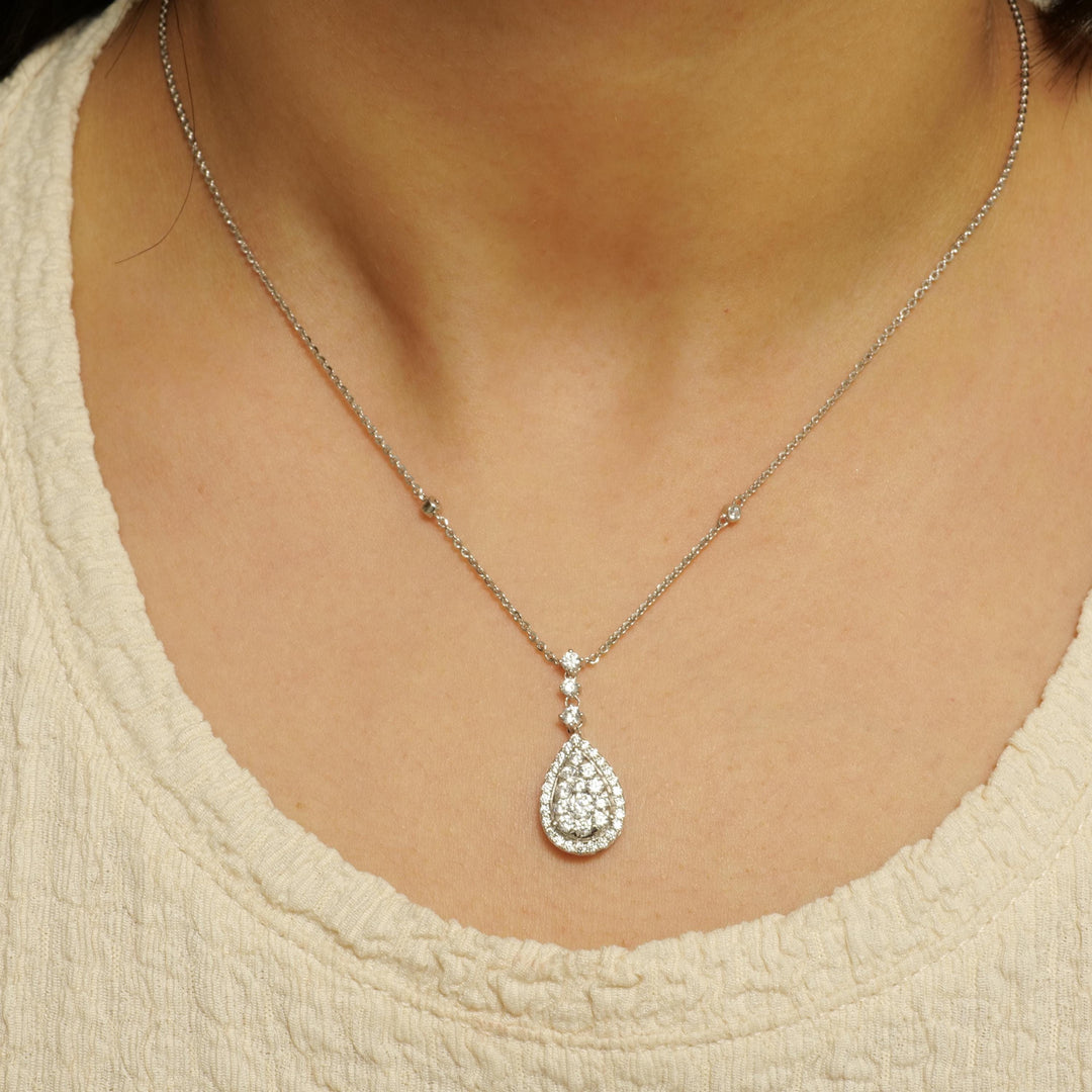 Halo Teardrop Diamond Necklace, 14k Solid Gold, Natural Diamonds, Cluster Set Bridal Chain Pendant, Minimalist Stacking Jewelry