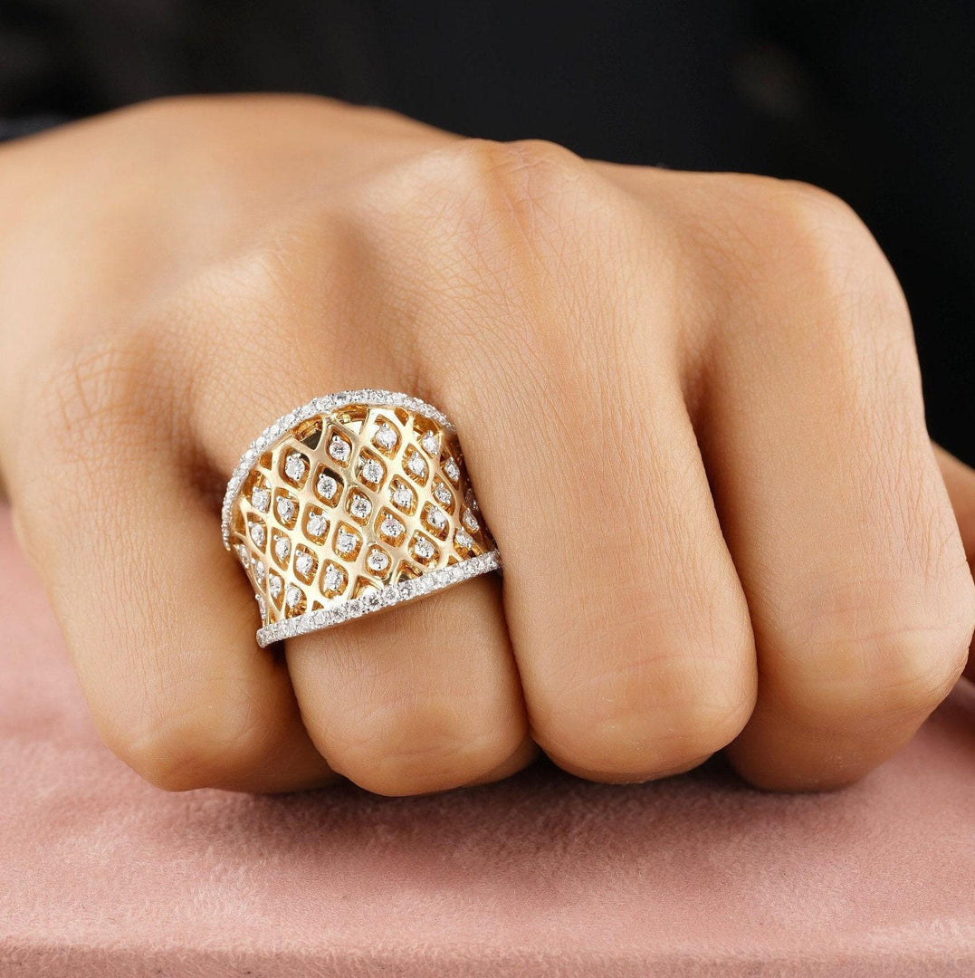 Diamond Cocktail Ring, 14K Solid Gold, Natural Diamonds, Concave Corset Ring, Broad Band with Matt Effect, Mesh Band Ring, Gift For Her