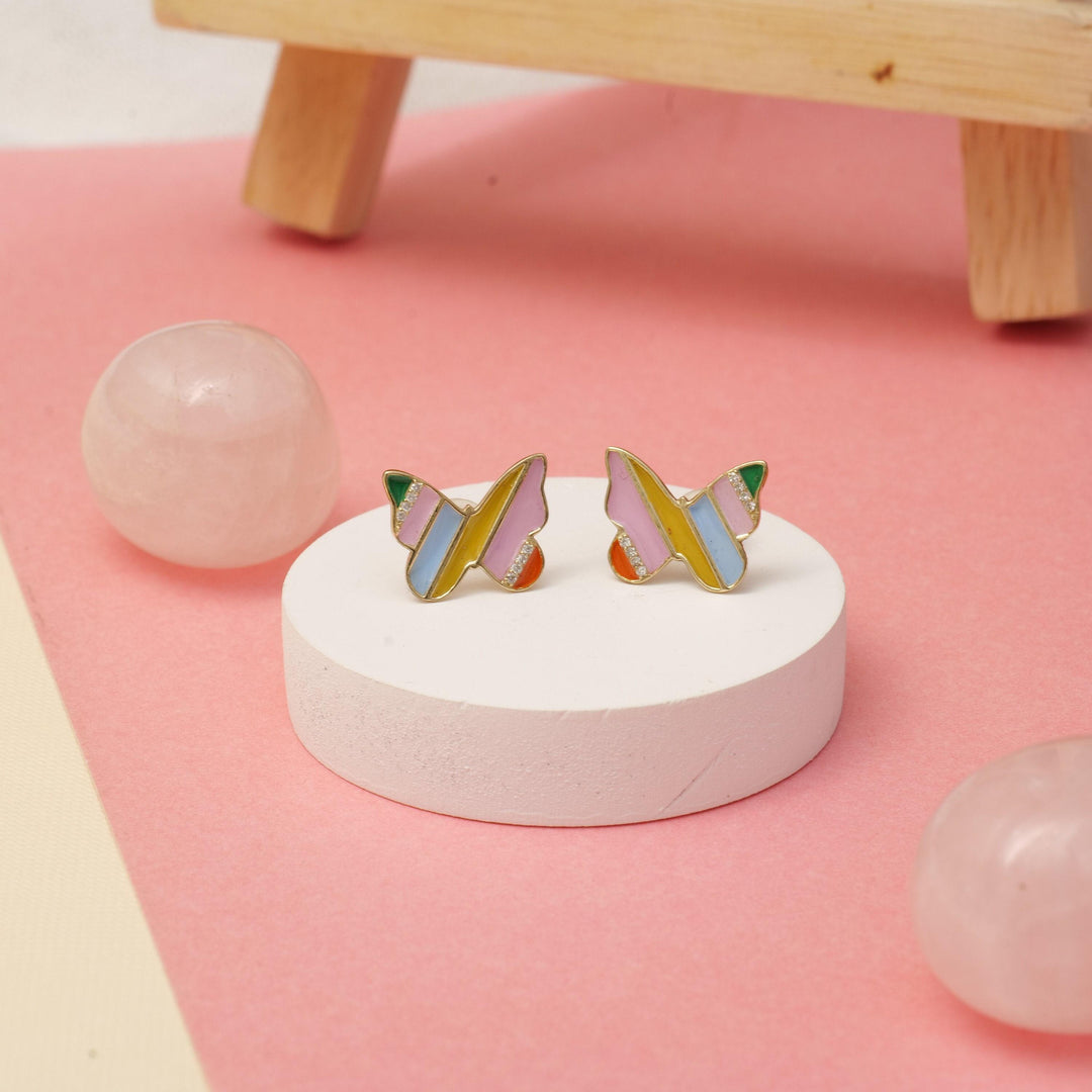 Kids Butterfly Diamond Stud Earrings, 14k Solid Gold With Enameling, Natural Diamonds, Gift for toddlers/girls, Ready To Ship, HRD Certified