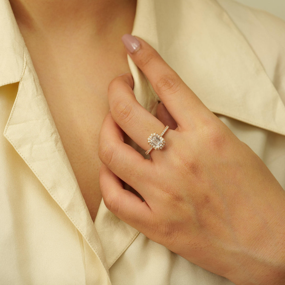 IGI Certified Emerald Cut Lab Grown Solitaire Diamond Ring: 14K Solid Gold Halo Engagement Ring