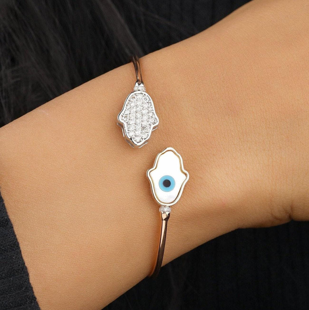 Hamsa Evil Eye Cuff Bracelet, 14k Solid Gold, Natural Diamonds, Open Cuff Bracelet, Mother of Pearl Jewelry, Stackable Minimalistic Bracelet