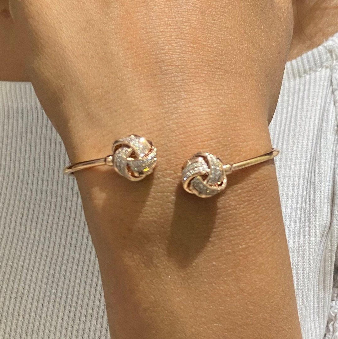 Love Knots Diamond Bracelet, 14K Solid Gold, Natural Diamonds, Open Cuff Statement Jewelry, Stackable Bracelet, Minimalistic Jewelry