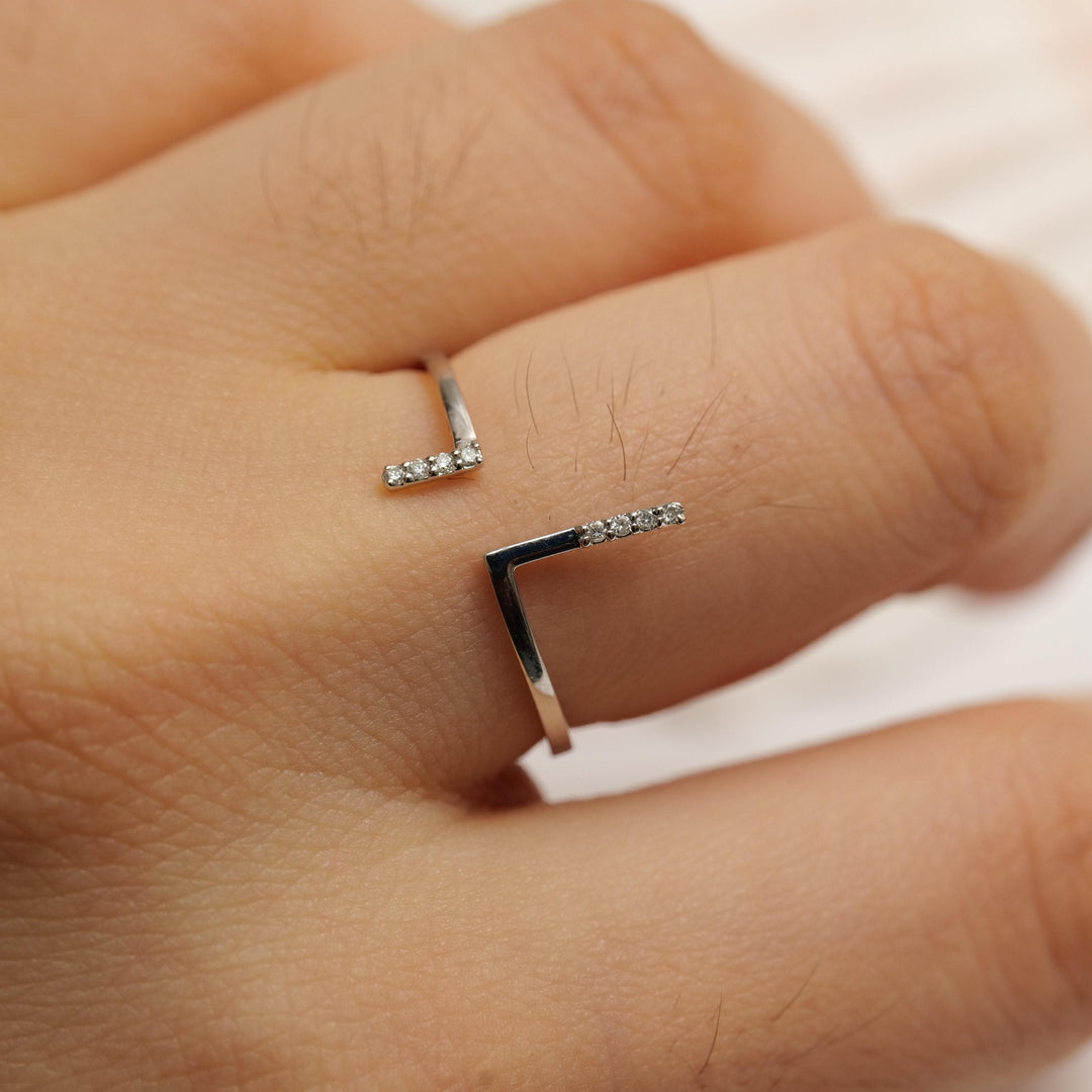 Double Bar Open Cuff Diamond Ring, 14k Solid Gold, Natural Diamonds, Asymmetrical T-Ring, Minimalist Ring, Ready To Ship, Women&#39;s Day Gift