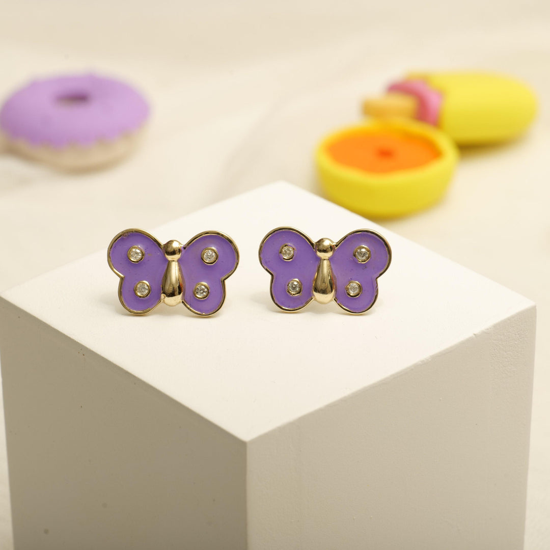 Kids Butterfly Diamond Stud Earrings, 14k Solid Gold With Purple Enameling, Natural Diamonds, Gift for girls, Ready To Ship, HRD Certified