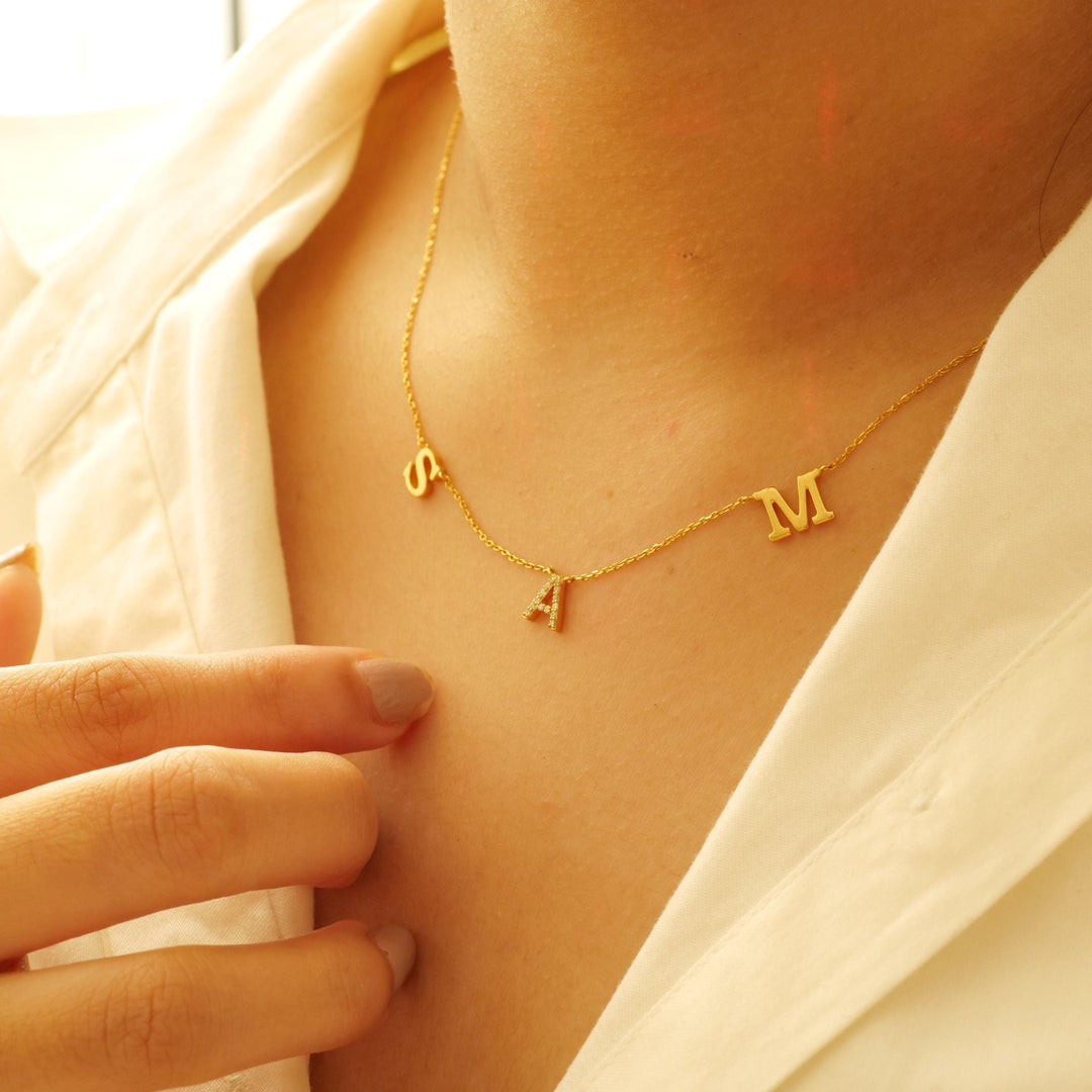 Personalized Initials Diamond Necklace, 14k Solid Gold, Natural Diamonds, Name Letter Charm Everyday Jewelry, Minimalist Stacking Necklace