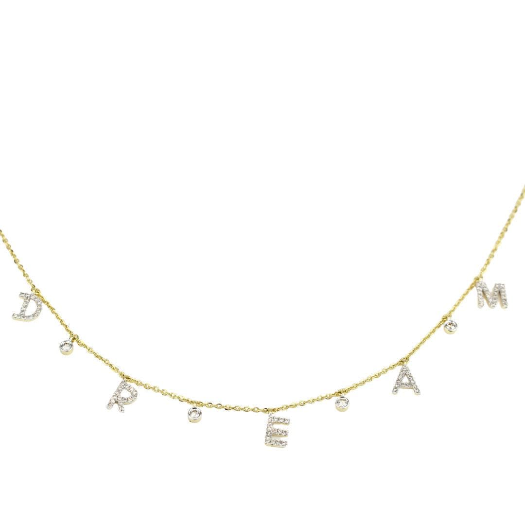 Dream Diamond Charm Necklace, 14k Solid Gold, Natural Diamonds, Affirmation Drop Necklace, Stackable Everyday Chain, Bezel Drop Jewelry