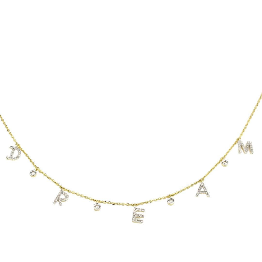 Dream Diamond Charm Necklace, 14k Solid Gold, Natural Diamonds, Affirmation Drop Necklace, Stackable Everyday Chain, Bezel Drop Jewelry