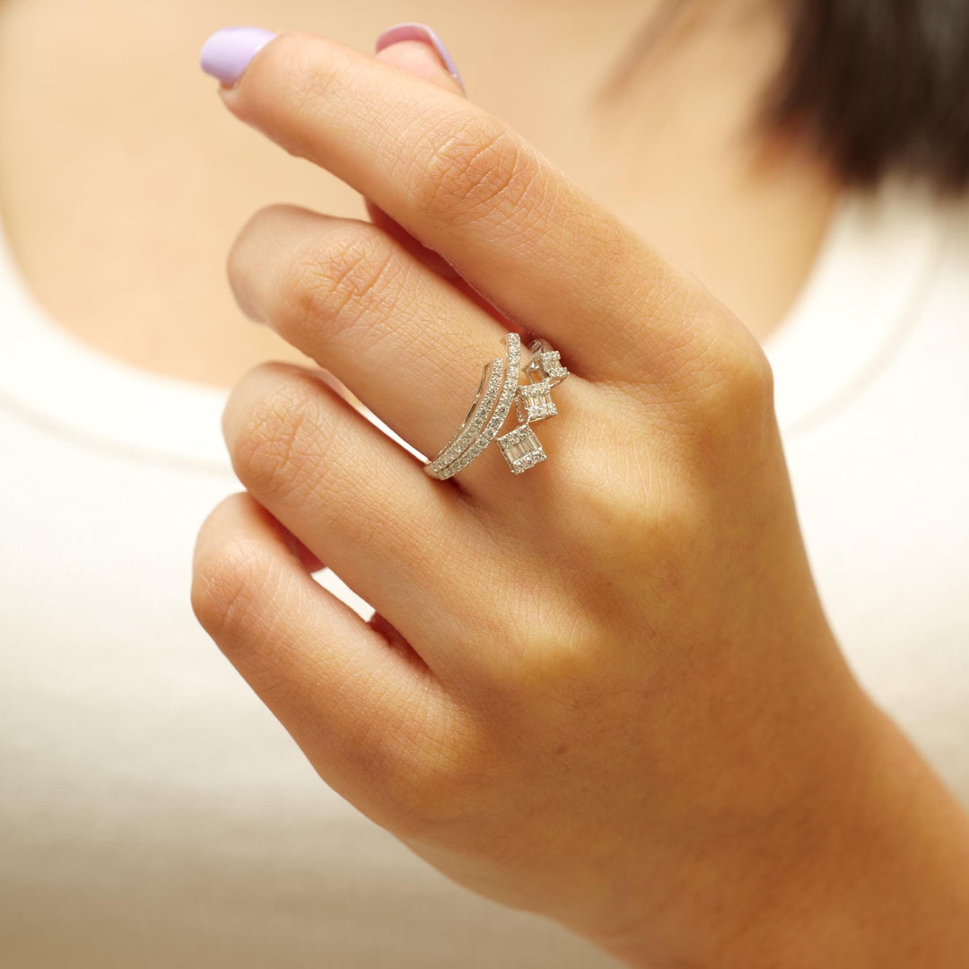 Three Square Natural Diamond Ring: 14k Solid Gold Geometric Cocktail Wrap Band Ring, Certified Jewelry