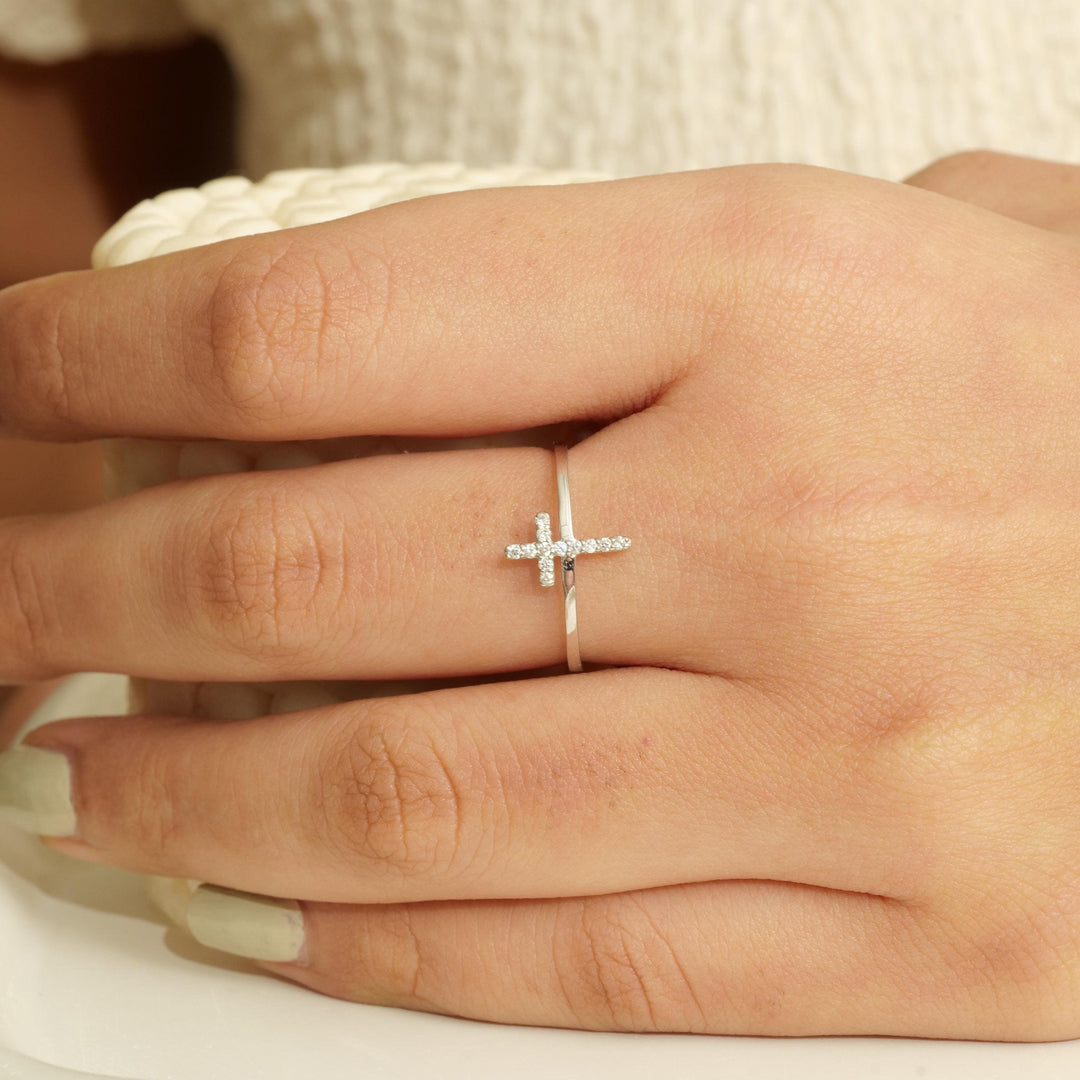 Cross Diamond Ring, 14k Solid Gold, Natural Diamonds, Minimalist Religious Ring, Handmade Dainty Cross Band, Ready To Ship