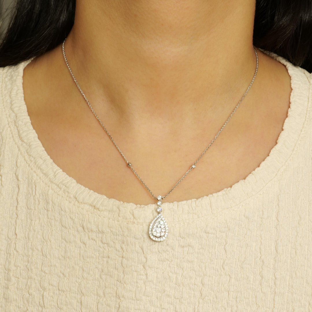 Halo Teardrop Diamond Necklace, 14k Solid Gold, Natural Diamonds, Cluster Set Bridal Chain Pendant, Minimalist Stacking Jewelry