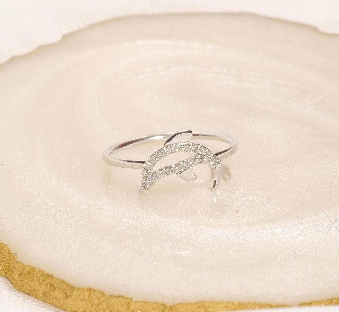Dolphin Diamond Ring, 14k Solid Gold, Natural Diamonds, Stackable Fish Ring, Animal Jewelry, Gift For Her