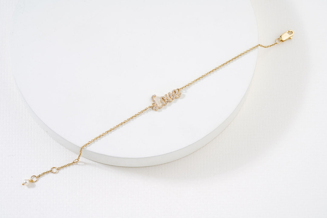 Love Chain Bracelet, 14k Gold, Natural Diamonds,  Inspirational Jewelry, , Handcrafted Jewelry Gift For Her