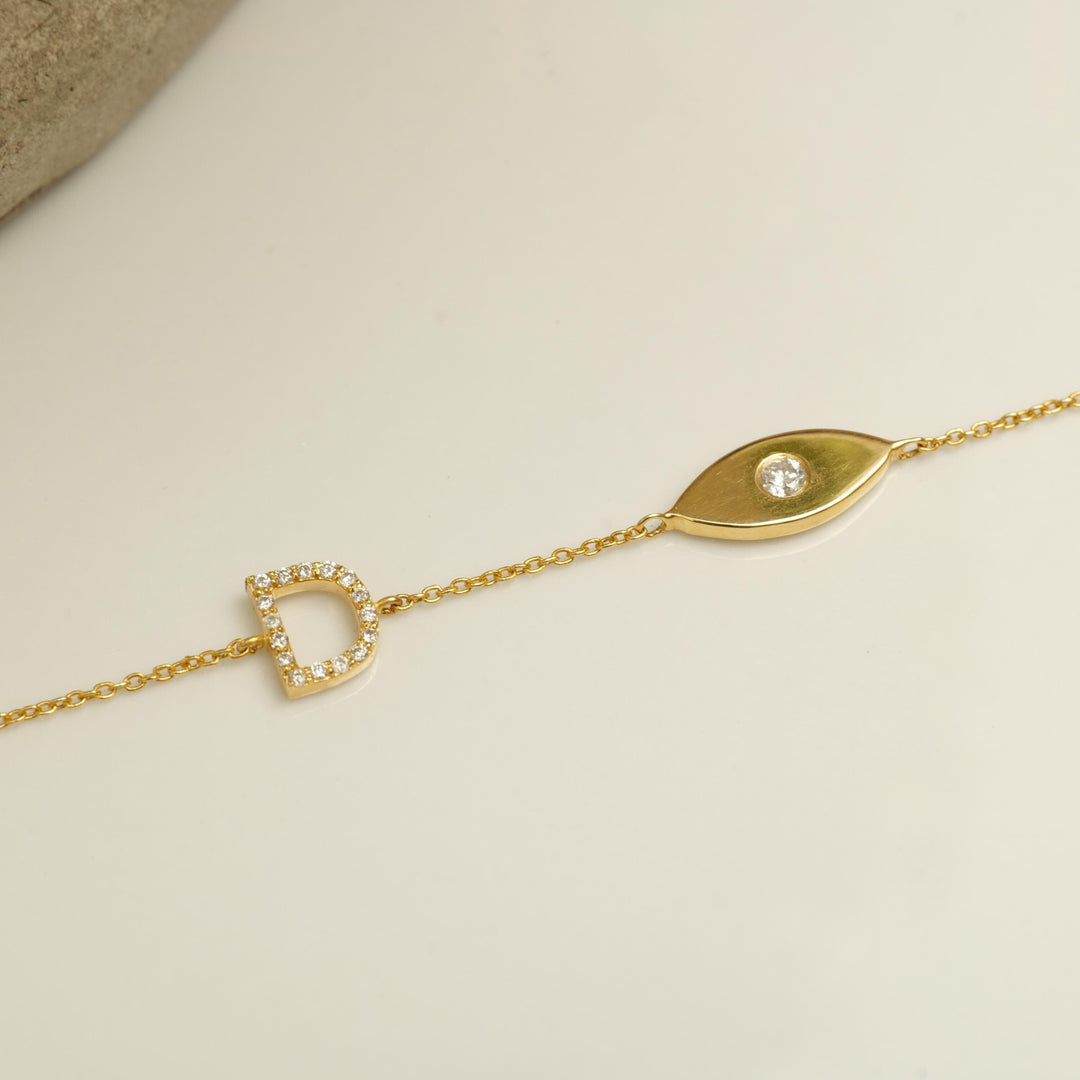 Personalized Initial Letter Diamond Bracelet, 14k Solid Gold, Natural Diamonds, Evil Eye Stacking Bracelet, Minimalist Custom Chain Jewelry