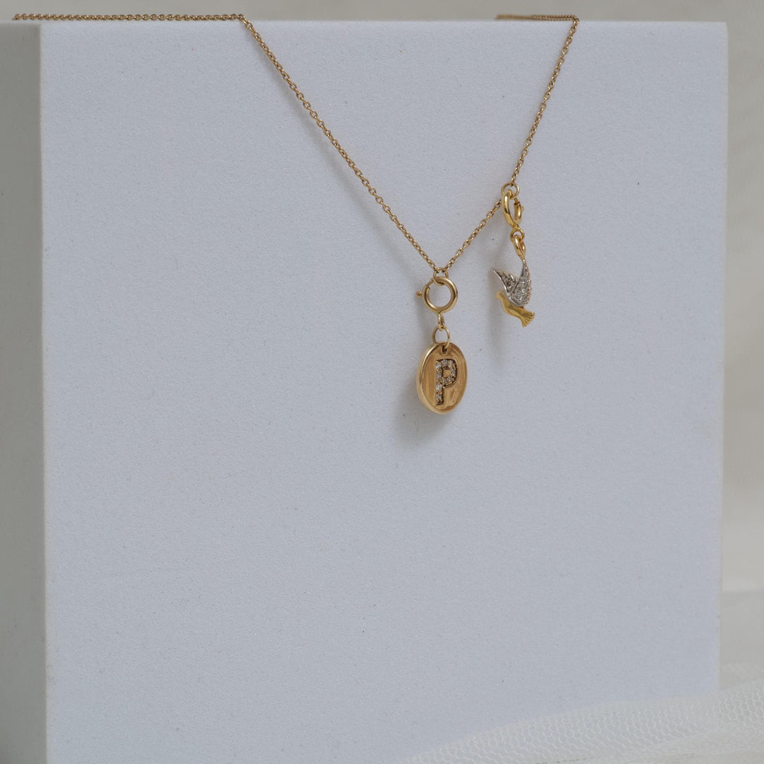 Personalized Initial Necklace, Bird Charm Necklace in 14k Solid Gold, Natural Diamonds, Stacking Two Charm Necklace, Minimalist