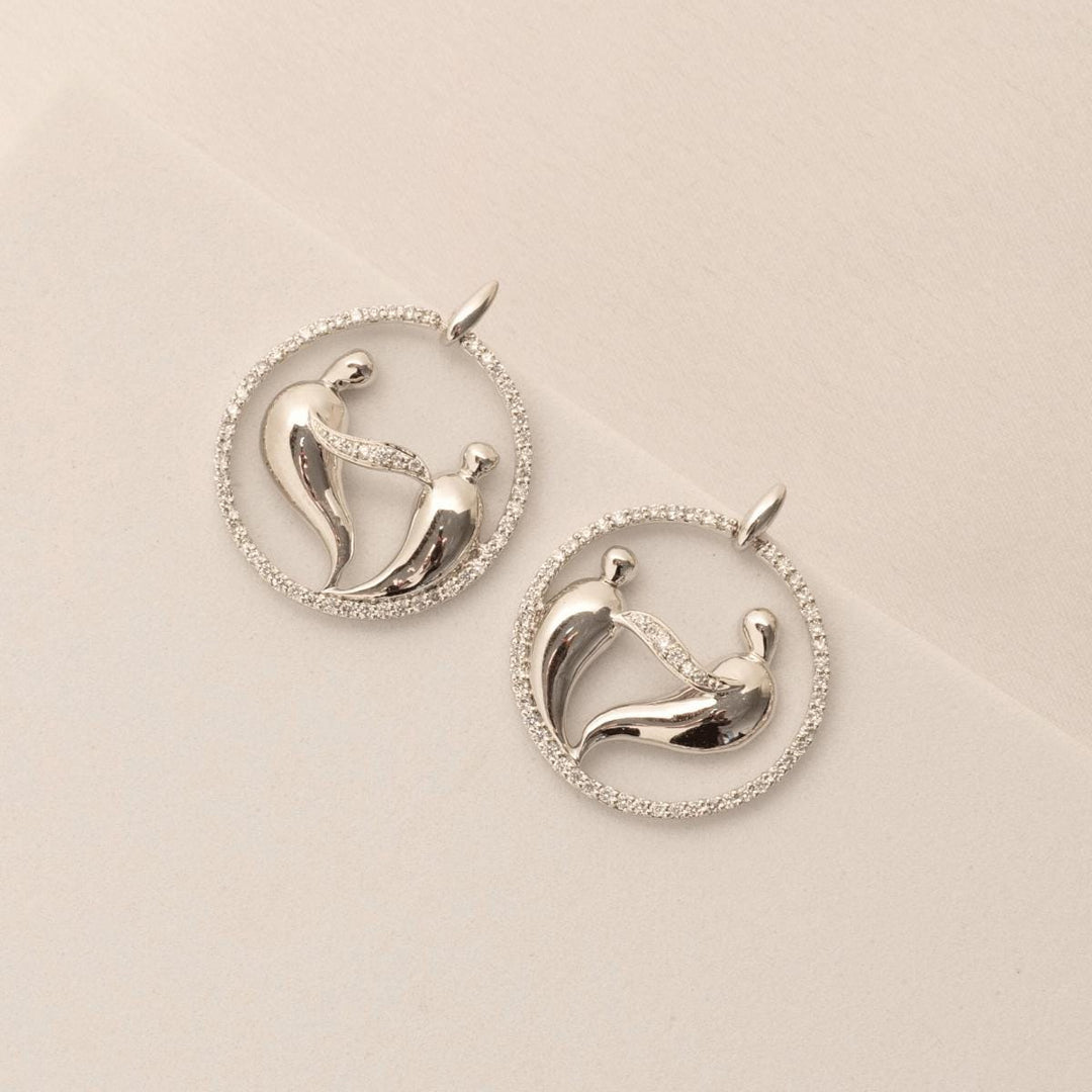 Mother Child Stud Earrings, 14k Solid Gold, Natural Diamonds, Eternity Bond Statement Earrings, Circle Geometric Jewelry