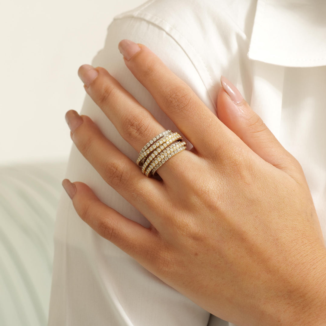 Multi-Layer Natural Diamond Wrap Ring: 14K Solid Gold Wide Spiral Cocktail Band, IGI Certified, Ready To Ship