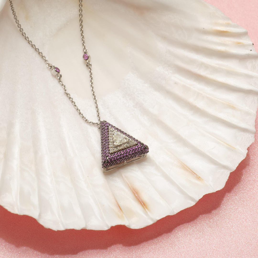 Pink Sapphire Triangle Diamond Necklace, 14k Solid Gold, Natural Diamond, Geometric Gemstone Stackable Chain, Certified Jewelry