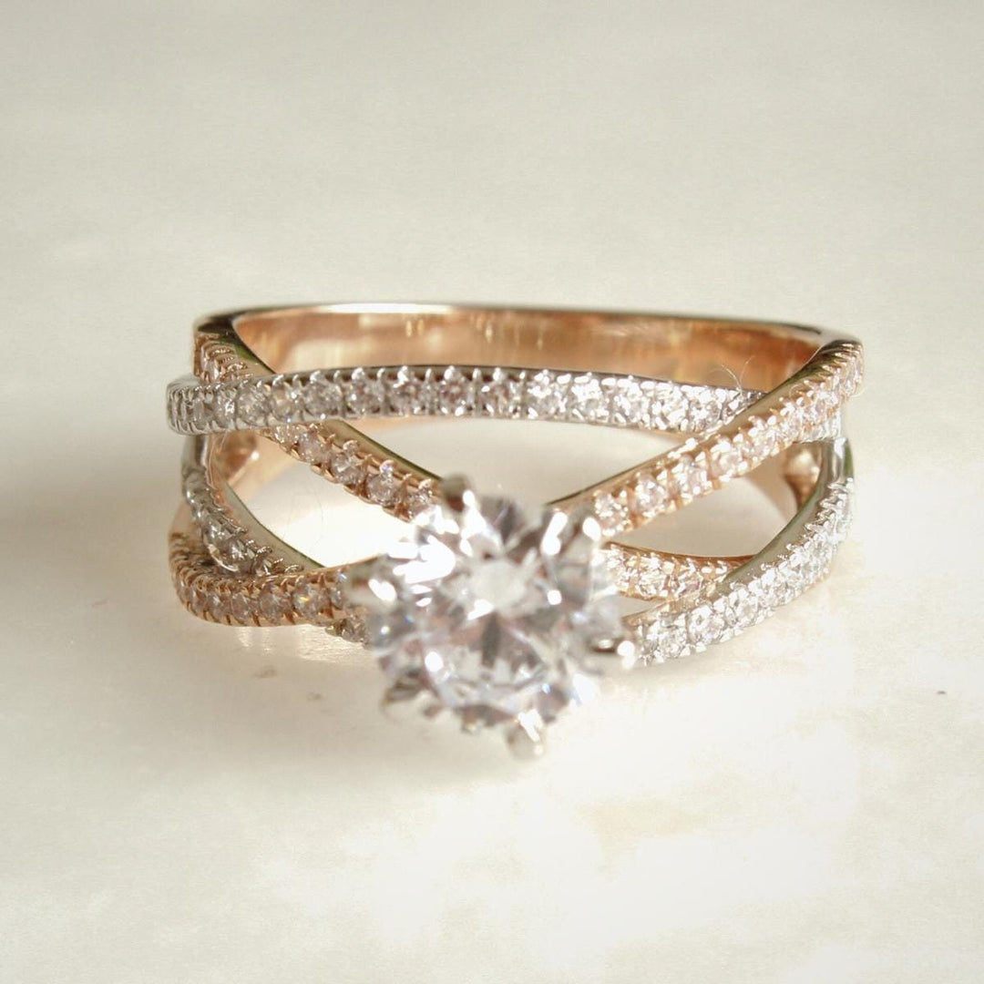 Solitaire Diamond Ring, Moissanite Engagement Ring, Crossover Shank Diamond Ring, Dual Tone, 14k Solid Gold, Gift For Her
