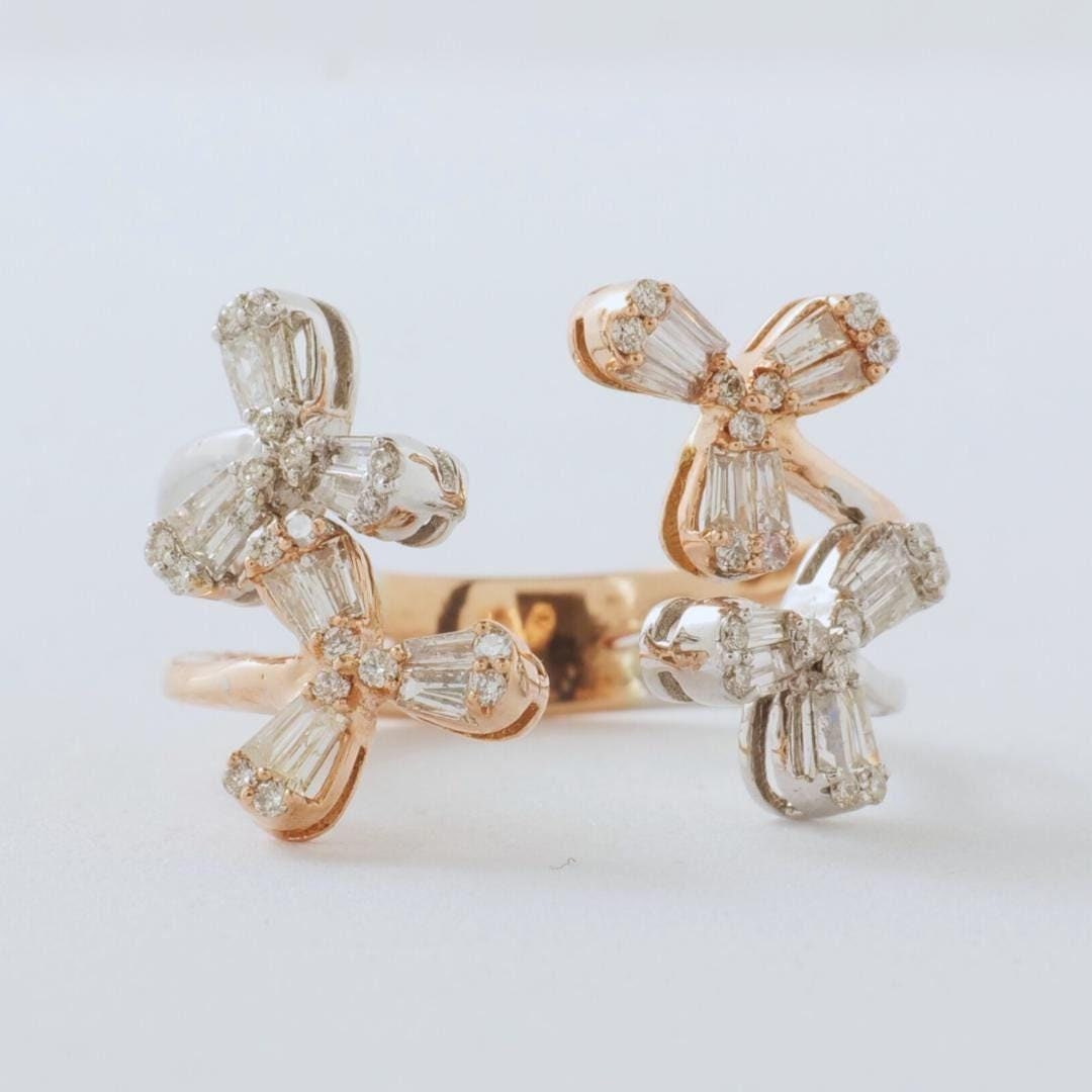 Flower Diamond Cocktail Ring, 14k Solid Gold, Split Shank Ring, Natural Diamonds, Two-Toned Cluster Ring, Statement Jewelry, Gift For Her