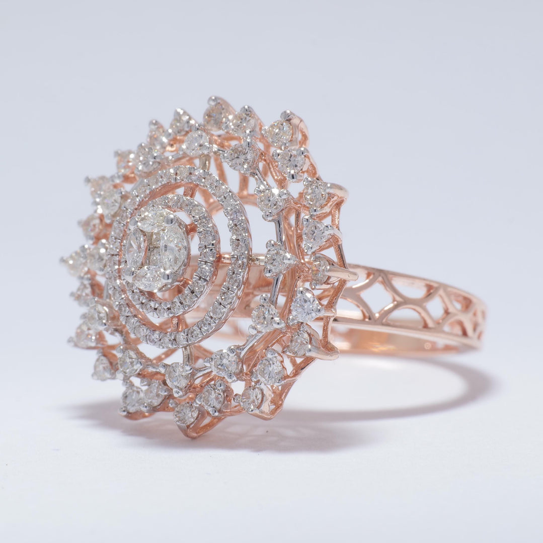 Flower Halo Natural Diamond Ring: 14k Solid Gold Filigree Illusion Cocktail Ring, IGI Certified, Ready To Ship