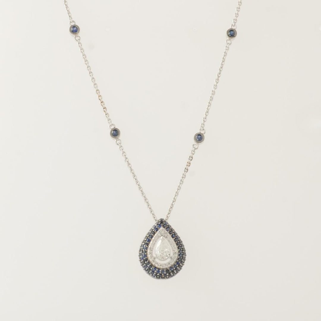 Teardrop Blue Sapphires Halo Diamond Necklace, 14k Solid Gold, Natural Diamonds, Gemstone Stacking Necklace, Ready To Ship, IGI Certified