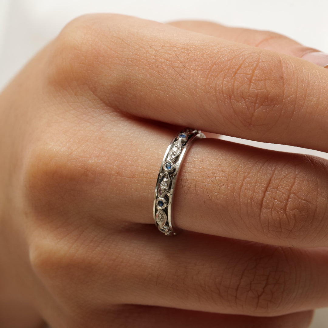 Blue Sapphires & Diamonds Eternity Band Ring, 14K Solid Gold, Natural Diamonds, Stacking Gold Band, Ready To Ship, Women&#39;s Day Gift