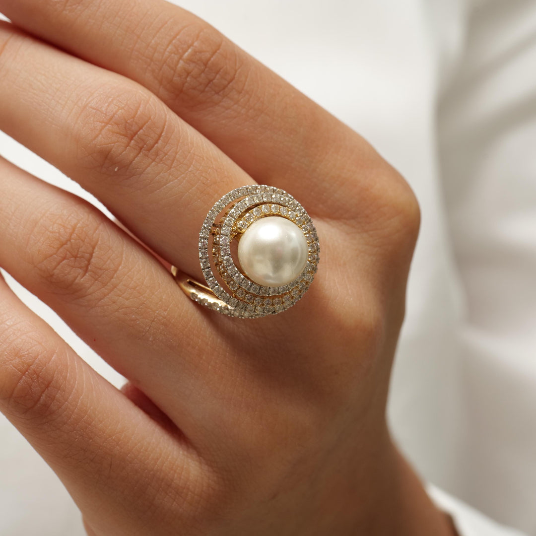 Cultured South Sea Pearl Diamond Ring, 14k Solid Gold, Dual Tone Statement Spiral Ring, Natural Diamonds, Ready To Ship