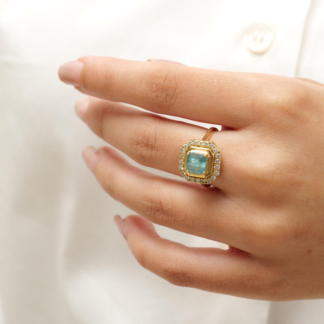 Princess Cut Halo Emerald Gemstone Diamond Ring, 14k Solid Gold, Natural Diamonds, Birthstone rings, Proposal Ring, Gift For Her