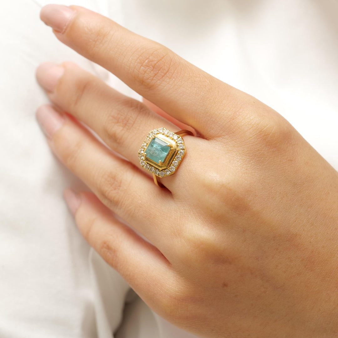 Princess Cut Halo Emerald Gemstone Diamond Ring, 14k Solid Gold, Natural Diamonds, Birthstone rings, Proposal Ring, Gift For Her