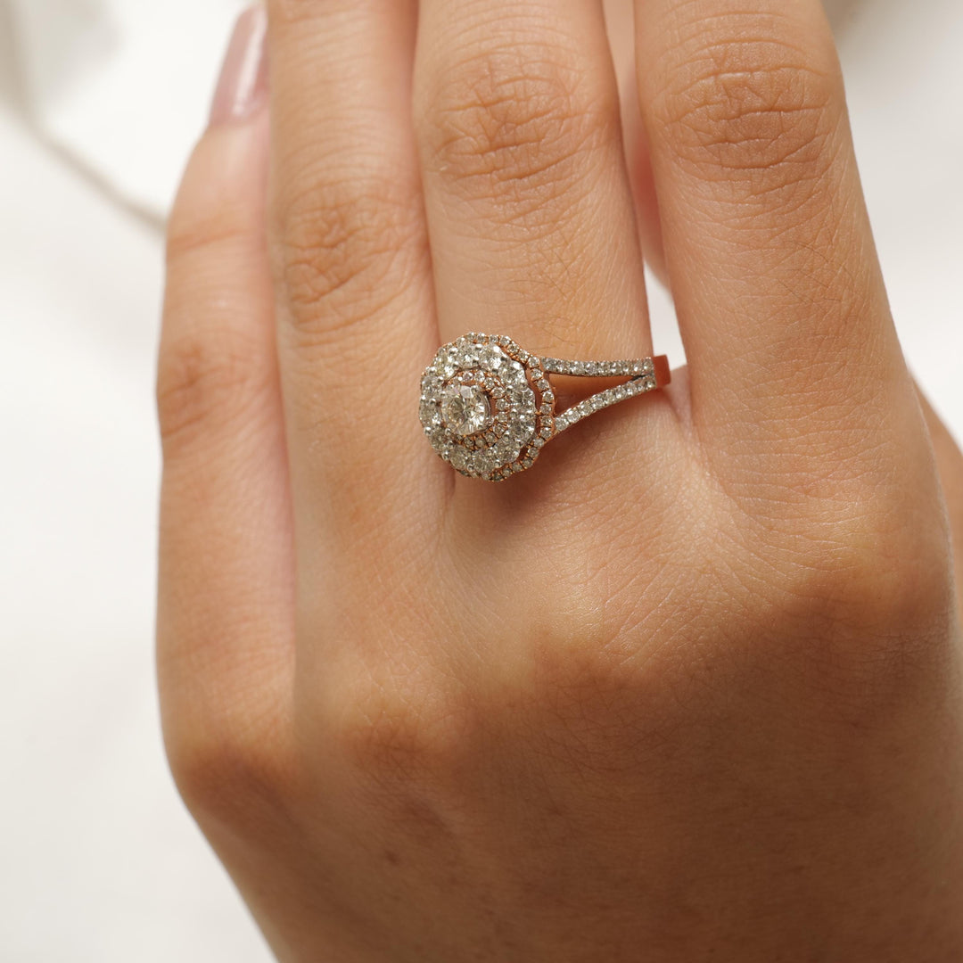 Flower Solitaire Cluster Diamond Ring, 14K Solid Gold, Natural Diamonds, Double Halo Engagement Ring, Statement Bridal Jewelry, Gift For Her