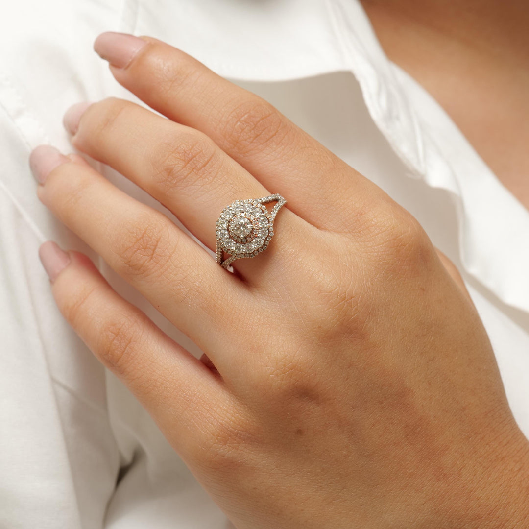 Flower Solitaire Cluster Diamond Ring, 14K Solid Gold, Natural Diamonds, Double Halo Engagement Ring, Statement Bridal Jewelry, Gift For Her