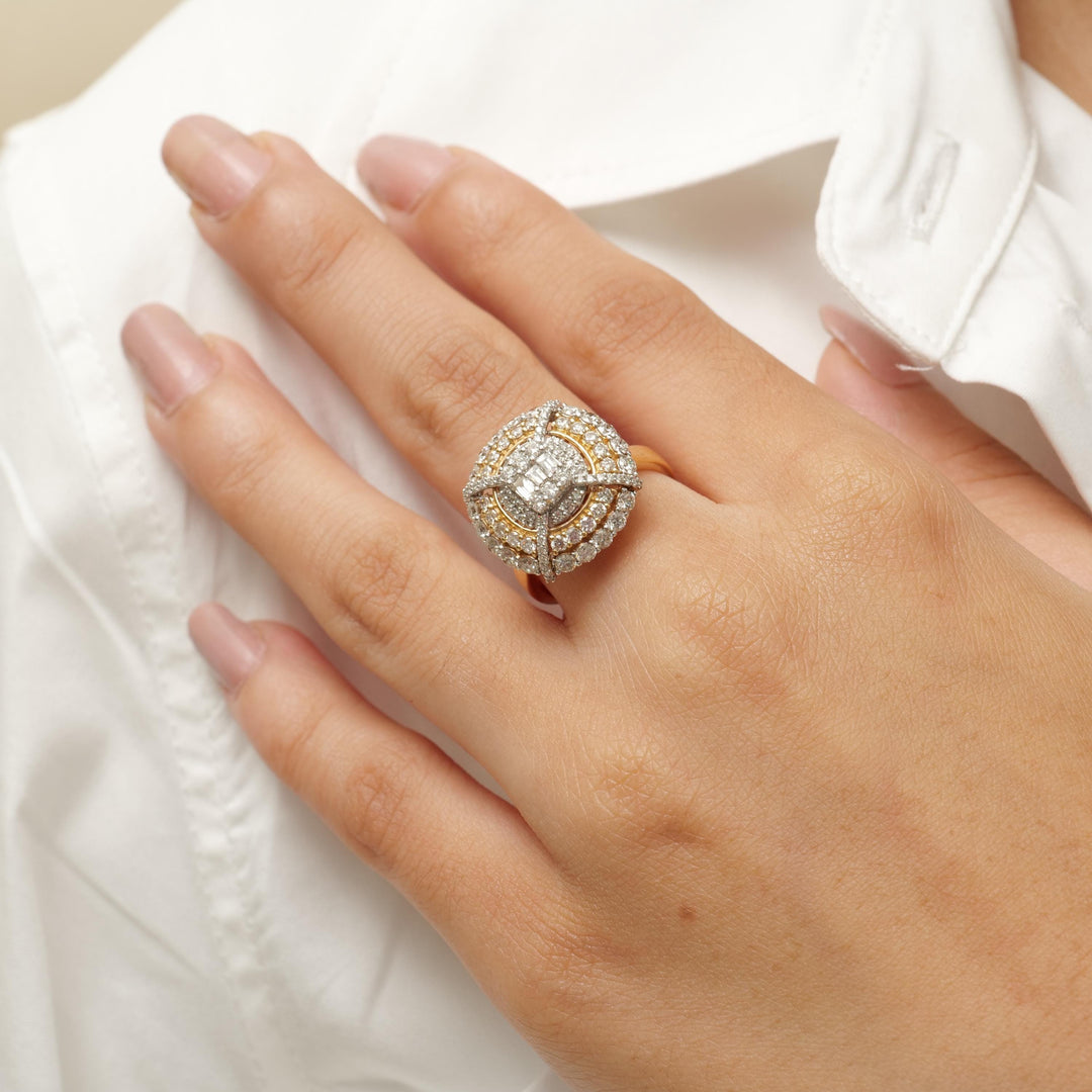 Baguette Cluster Diamond Ring, 14k Solid Gold, Natural Diamond, Two-Toned Illusion Ring, Statement Halo Ring, Ready To Ship, IGI Certified