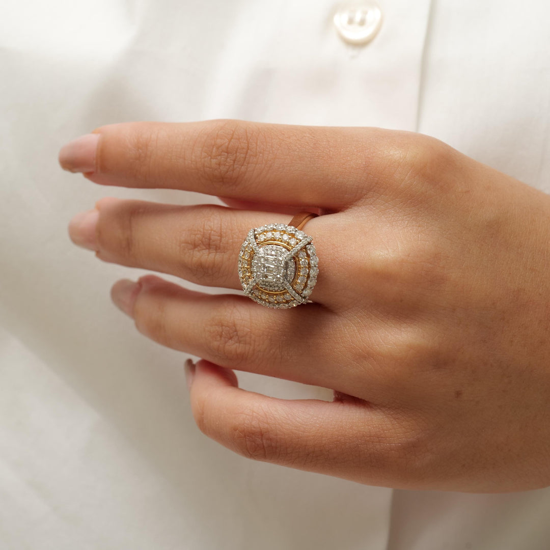 Baguette Cluster Diamond Ring, 14k Solid Gold, Natural Diamond, Two-Toned Illusion Ring, Statement Halo Ring, Ready To Ship, IGI Certified
