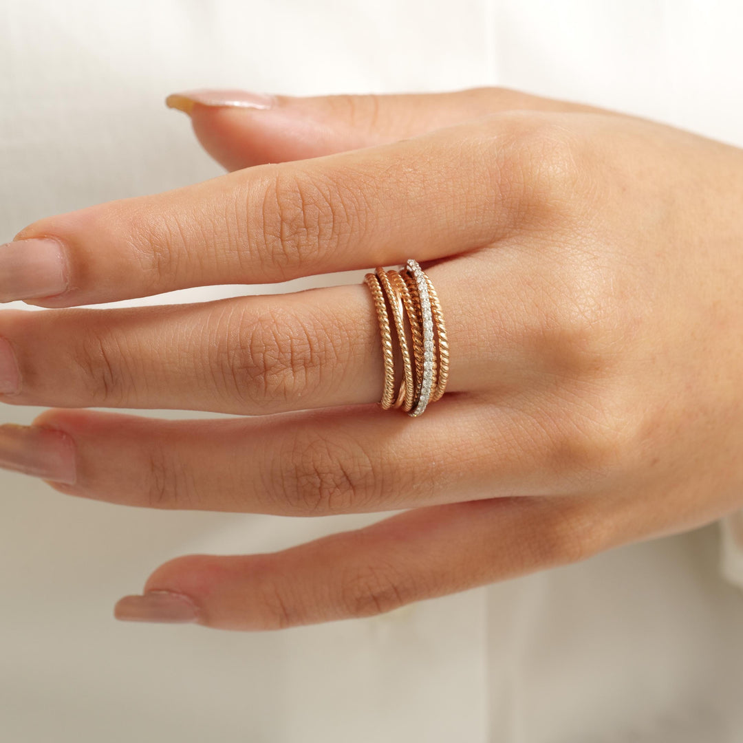 Twist Diamond Broad Band Ring, 14K Solid Gold, Criss Cross Ring, Natural Diamonds, Dual Tone Stackable Ring, Ready To Ship, Women&#39;s Day Gift