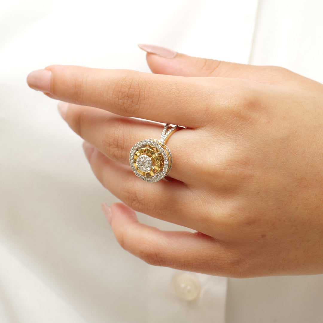 Halo Cluster Diamond Ring, 14K Solid Gold, Illusion Setting Ring, Natural Diamonds, Dual Tone Statement Ring, Broad Band Ring, Gift for Her