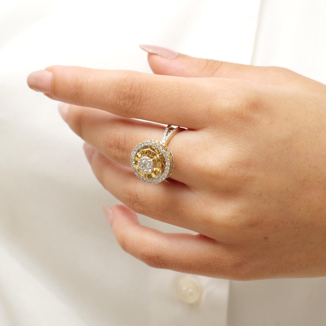 Halo Cluster Diamond Ring, 14K Solid Gold, Illusion Setting Ring, Natural Diamonds, Dual Tone Statement Ring, Broad Band Ring, Gift for Her