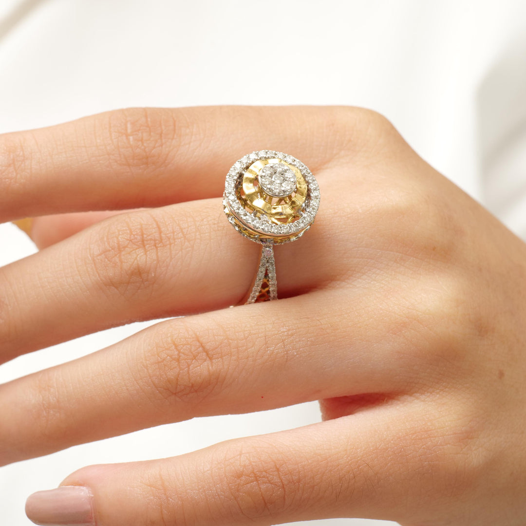 Halo Cluster Diamond Ring, 14K Solid Gold, Illusion Setting Ring, Natural Diamonds, Dual Tone Statement Ring, Broad Band Ring, Gift for Her