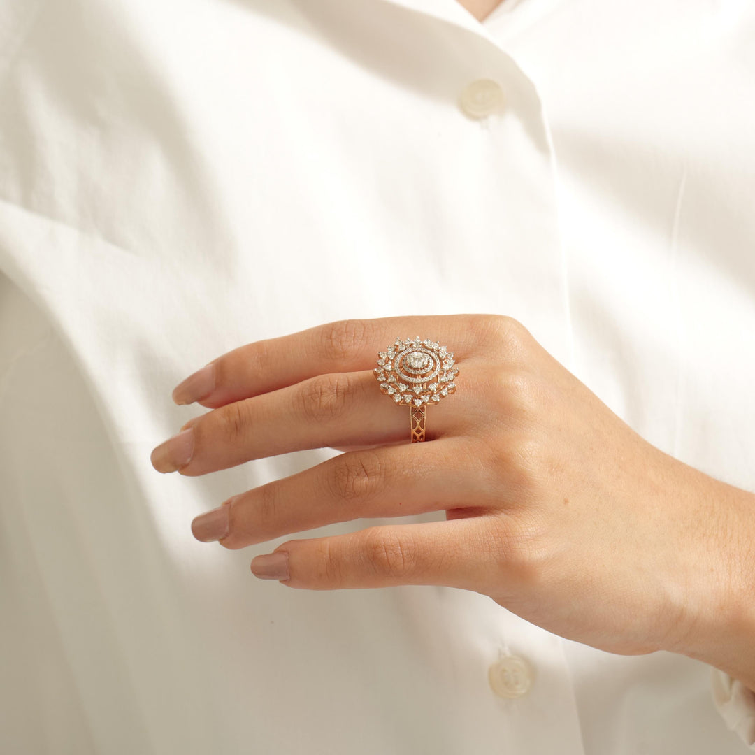 Flower Halo Diamond Ring, 14k Solid Gold, Natural Diamonds, Filigree Illusion Set Ring, Sunburst Cocktail Ring, Ready To Ship, IGI Certified