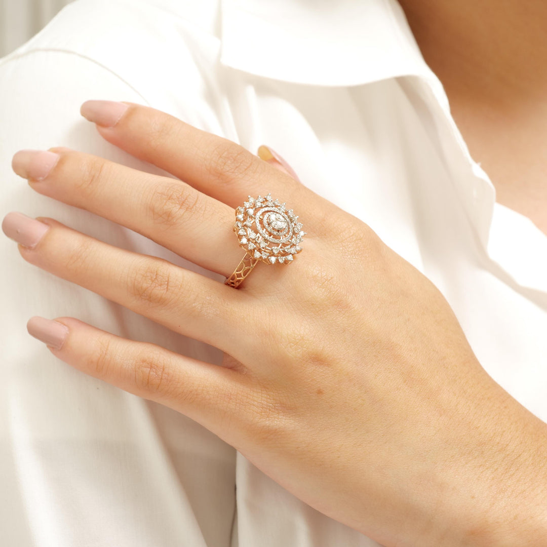 Flower Halo Diamond Ring, 14k Solid Gold, Natural Diamonds, Filigree Illusion Set Ring, Sunburst Cocktail Ring, Ready To Ship, IGI Certified