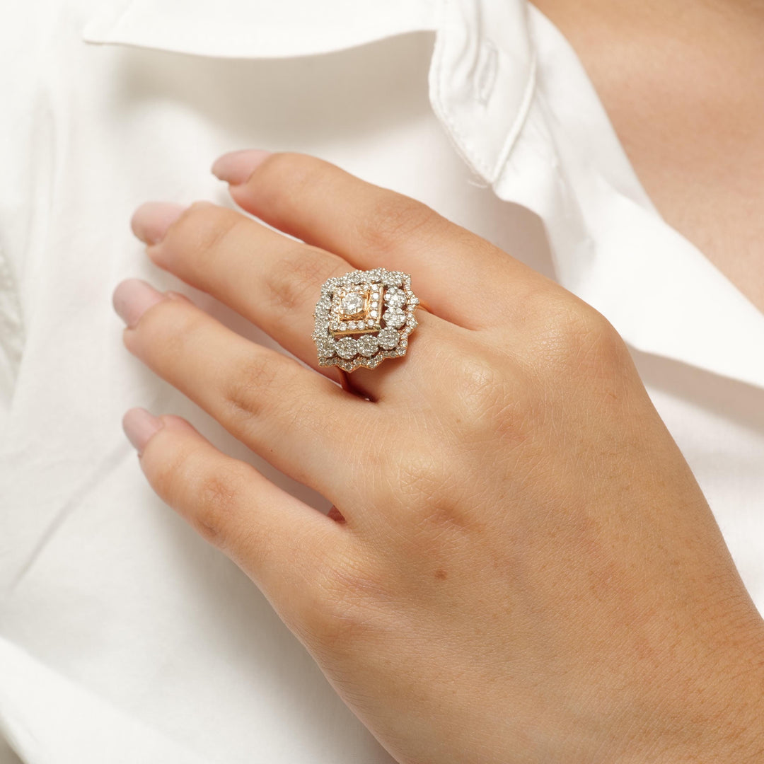 Halo Diamond Floral Cluster Ring, 14k Solid Gold, Natural Diamonds, Halo Setting Cocktail Ring, Bridal Statement Ring, Gift For Her