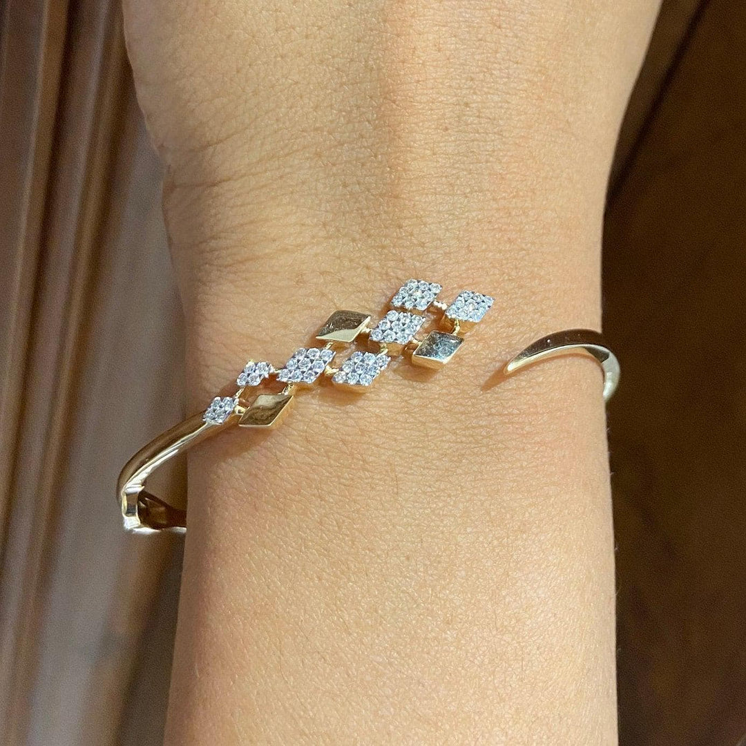 Rhombus Open Cuff Bracelet, 14K Solid Gold, Natural Diamond, Cluster Stackable Bangle, Geometric Layered Cocktail Jewelry, Statement Bangle