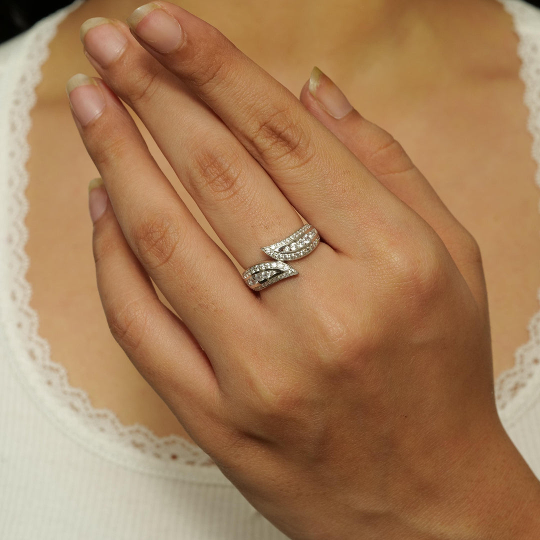 Leaves Diamond Band Ring, Split Shank, 14k Solid Gold, Natural Diamonds, Stackable Everyday Crossover Ring, Open Wrap Ring, Gift For Her