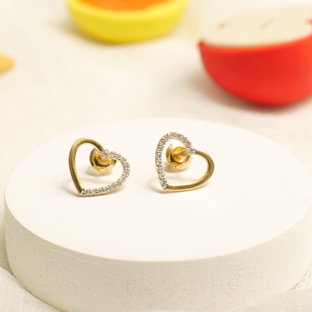 Kids Hollow Heart Diamond Stud Earrings, 14k Solid Gold, Natural Diamonds, Gift for toddlers, girls and kids, Ready To Ship