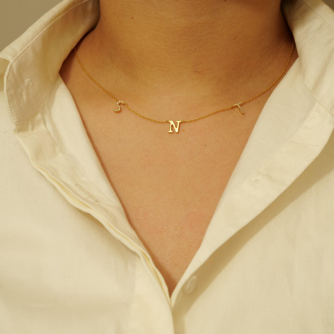 Personalized Initials Diamond Necklace, 14k Solid Gold, Natural Diamonds,  Name Charm Stacking Jewelry, Customized Minimalist Necklace