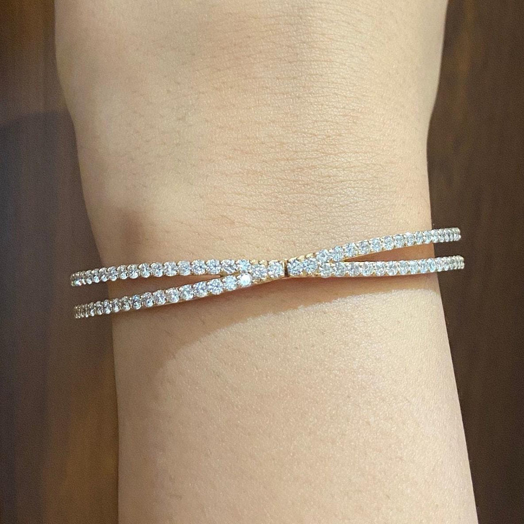 Crossover Diamond Bracelet, 14k Solid Gold, Natural Diamonds, Gold Stackable Bangle, Statement Jewelry, Wide Cocktail Bracelet