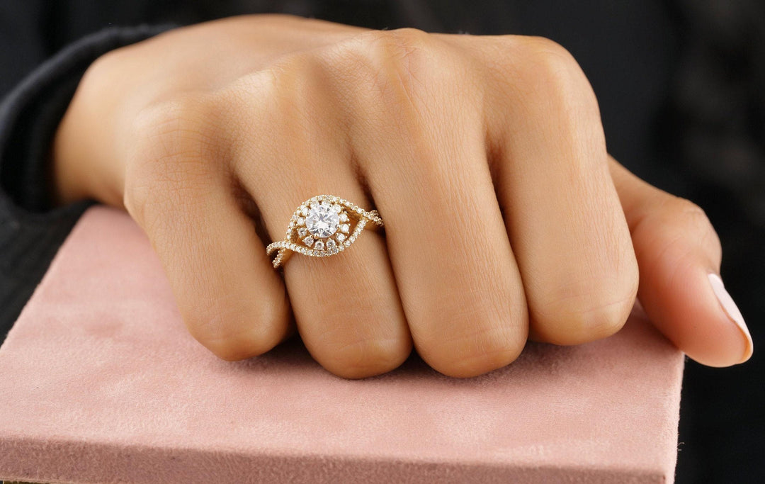 Round Engagement Diamond Ring, 14k Solid Gold, Solitaire Ring, Halo Eye Shape Design, Natural Diamonds, Gift For Her