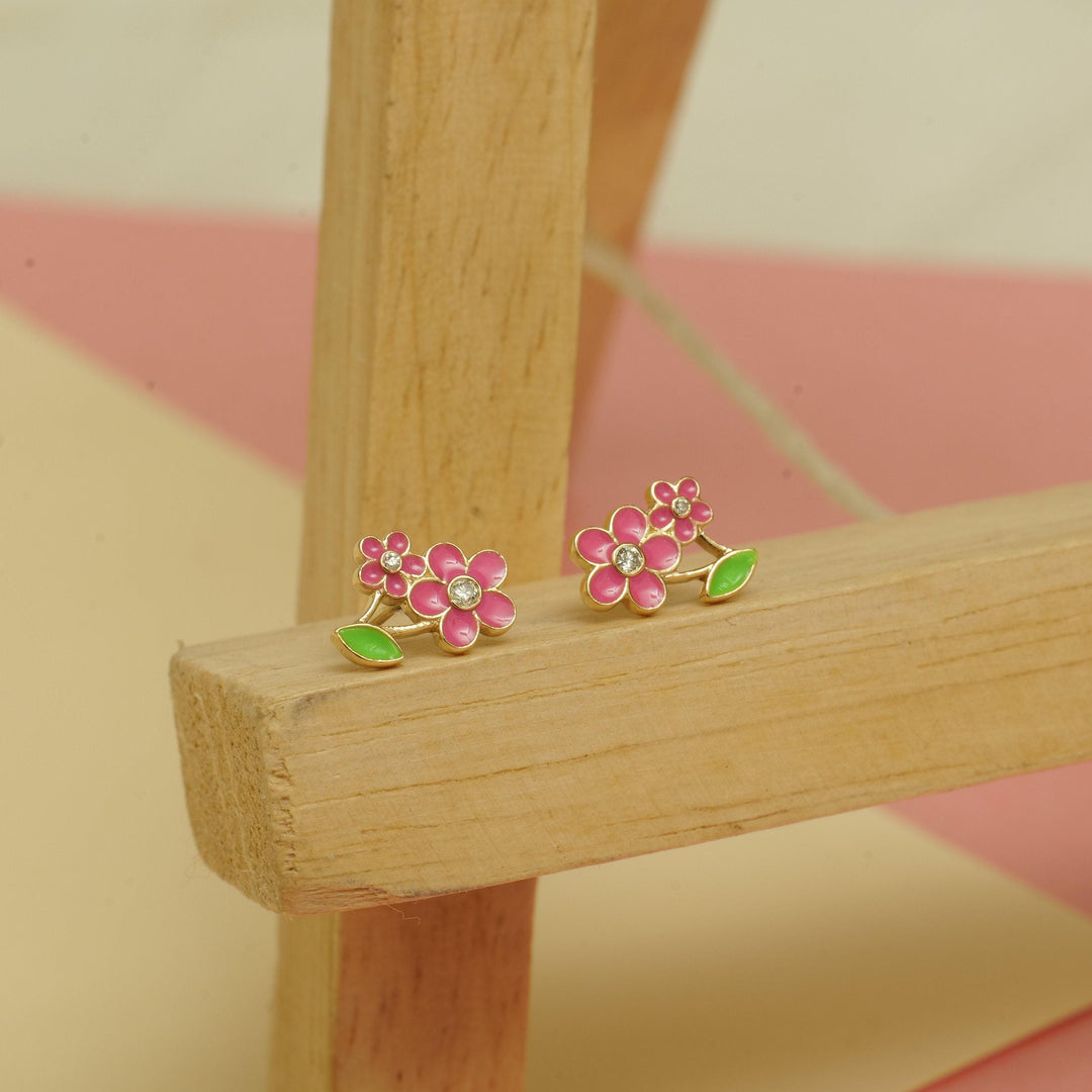 Kids Floral Petal Diamond Stud Earrings, 14k Solid Gold With Enameling, Natural Diamonds, Gift for toddlers/girls/kids, Ready To Ship