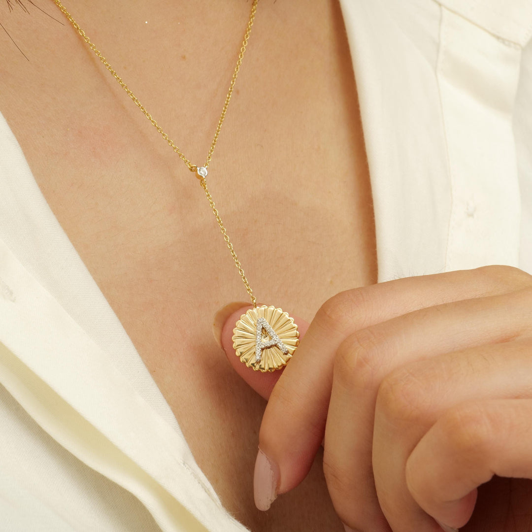 Personalized Initial Lariat Diamond Necklace, 14k Solid Gold, Natural Diamonds, Custom Minimalist Jewelry, Stacking Disc Letter Necklace